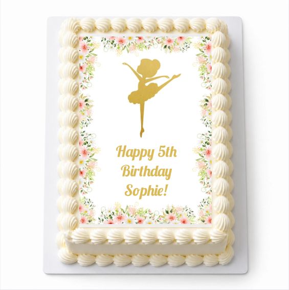 Floral Ballerina A4 icing sheet fitted to a white cake with Happy 5th Birthday Sophie wording