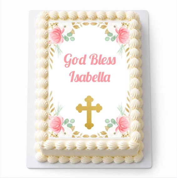 Personalised Floral Cross A4 icing sheet fitted on a white cake