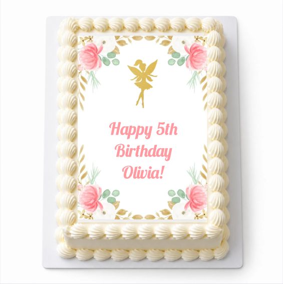 Floral Fairy A4 icing sheet fitted to a white cake with Happy 5th Birthday Olivia wording