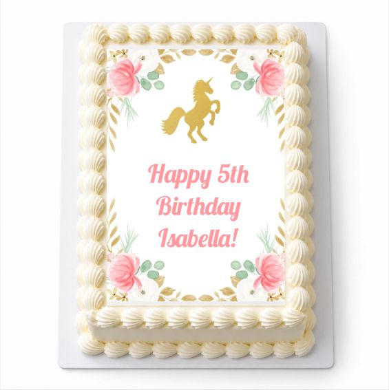 Floral Unicorn A4 icing sheet fitted to a white cake with Happy 5th Birthday Isabella wording