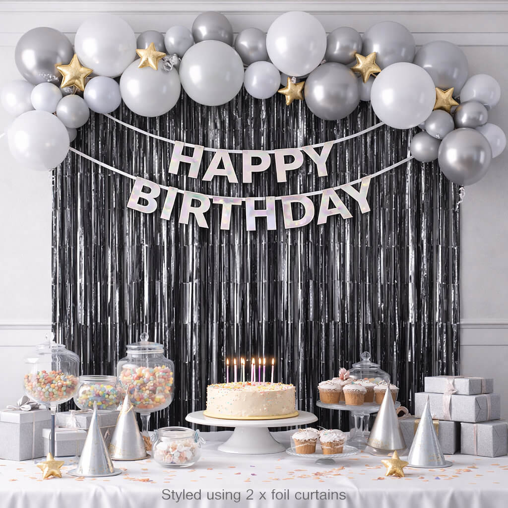 Foil fringe door curtain black 1m x 2m for party backdrop decoration