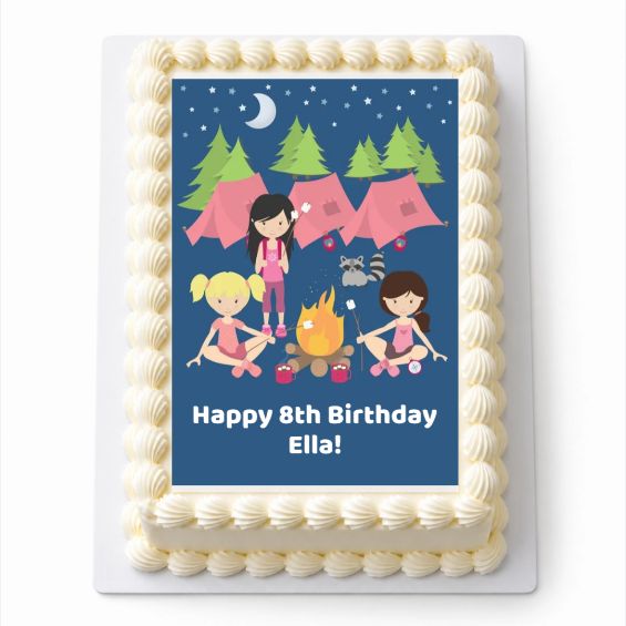 Personalised Girls Camp Out A4 rectangle icing sheet with pink tents and campfire, fitted to a white cake.