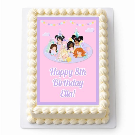 Personalised Girls Slumber Party A4 rectangle icing sheet with girls and teepees, fitted to a white cake.