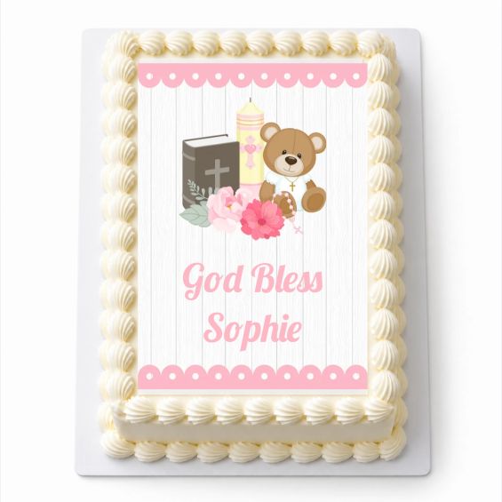 Personalised Girls Teddy Bear A4 rectangle icing sheet fitted on a white cake