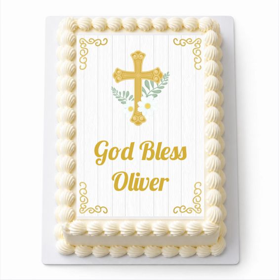 Personalised Gold Cross A4 icing sheet fitted to a white cake with God Bless Oliver wording