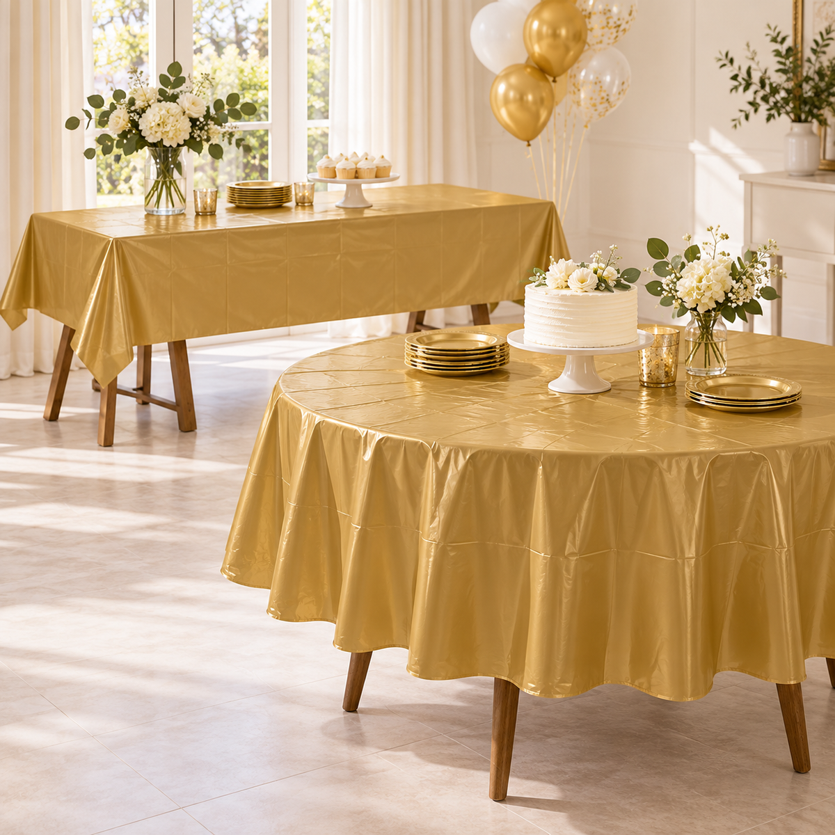 Gold party table styling illustration; one rectangular cover supplied, props excluded