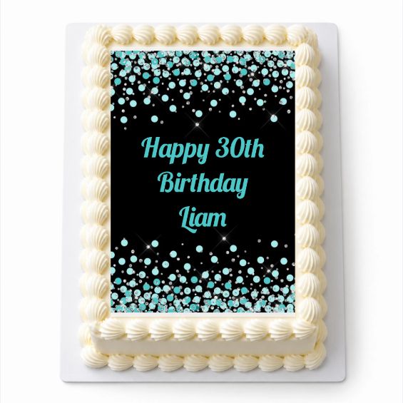 Personalised Turquoise Green Confetti A4 icing sheet fitted on a rectangular cake