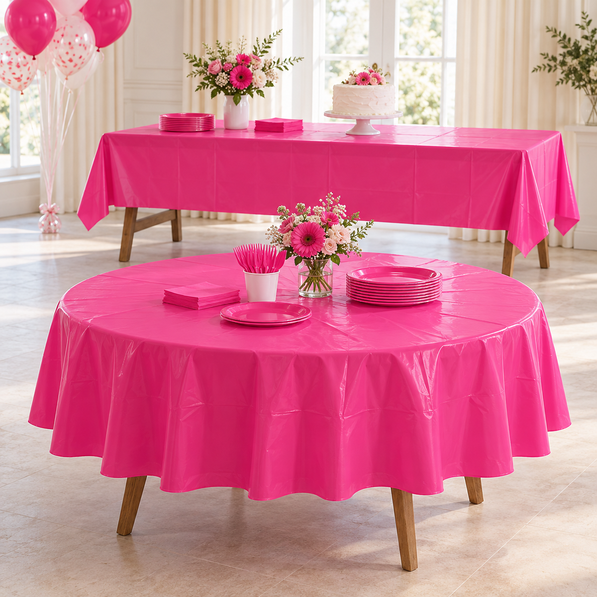 Hot Pink party table styling illustration; one rectangular cover supplied, props excluded