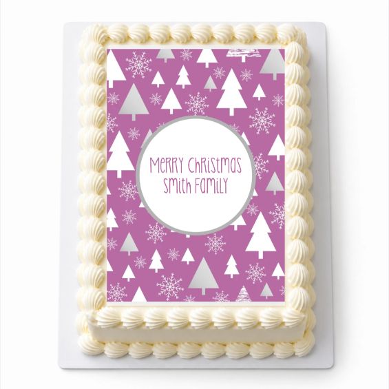 Personalised Joyous Purple Trees Christmas A4 icing sheet fitted inside white cake piping