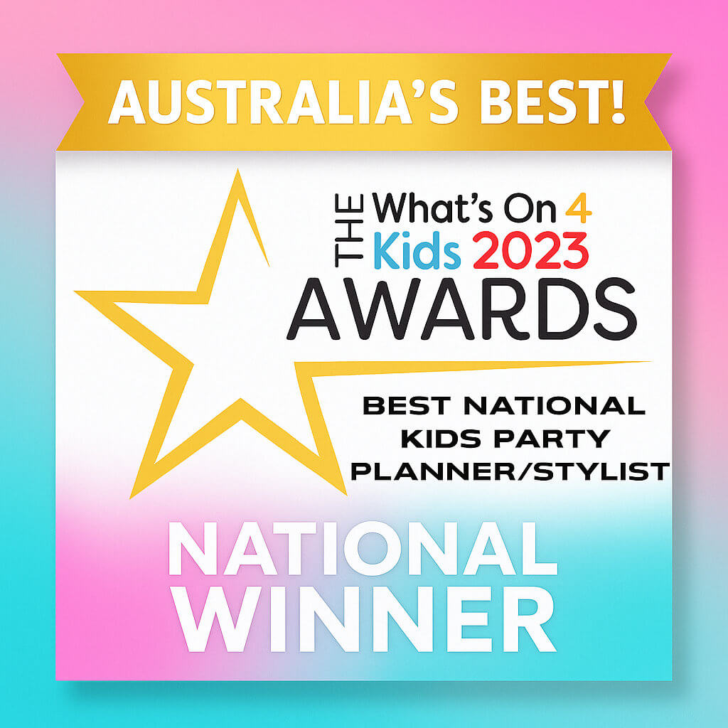Katie J Design and Events awarded Australia's Best National Winner for Best Kids Party Planner/Stylist 2023-24, featured with a gold ribbon and The What's On 4 Kids Awards emblem on a pink and turquoise gradient background.