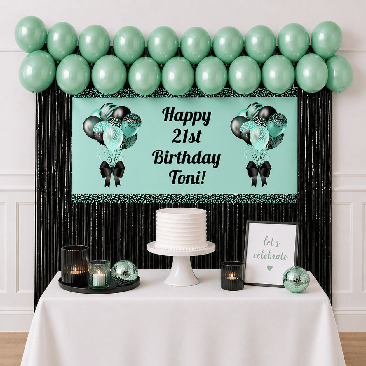 Aqua and black personalised celebration party package with custom birthday banner, black balloons and black foil fringe curtains