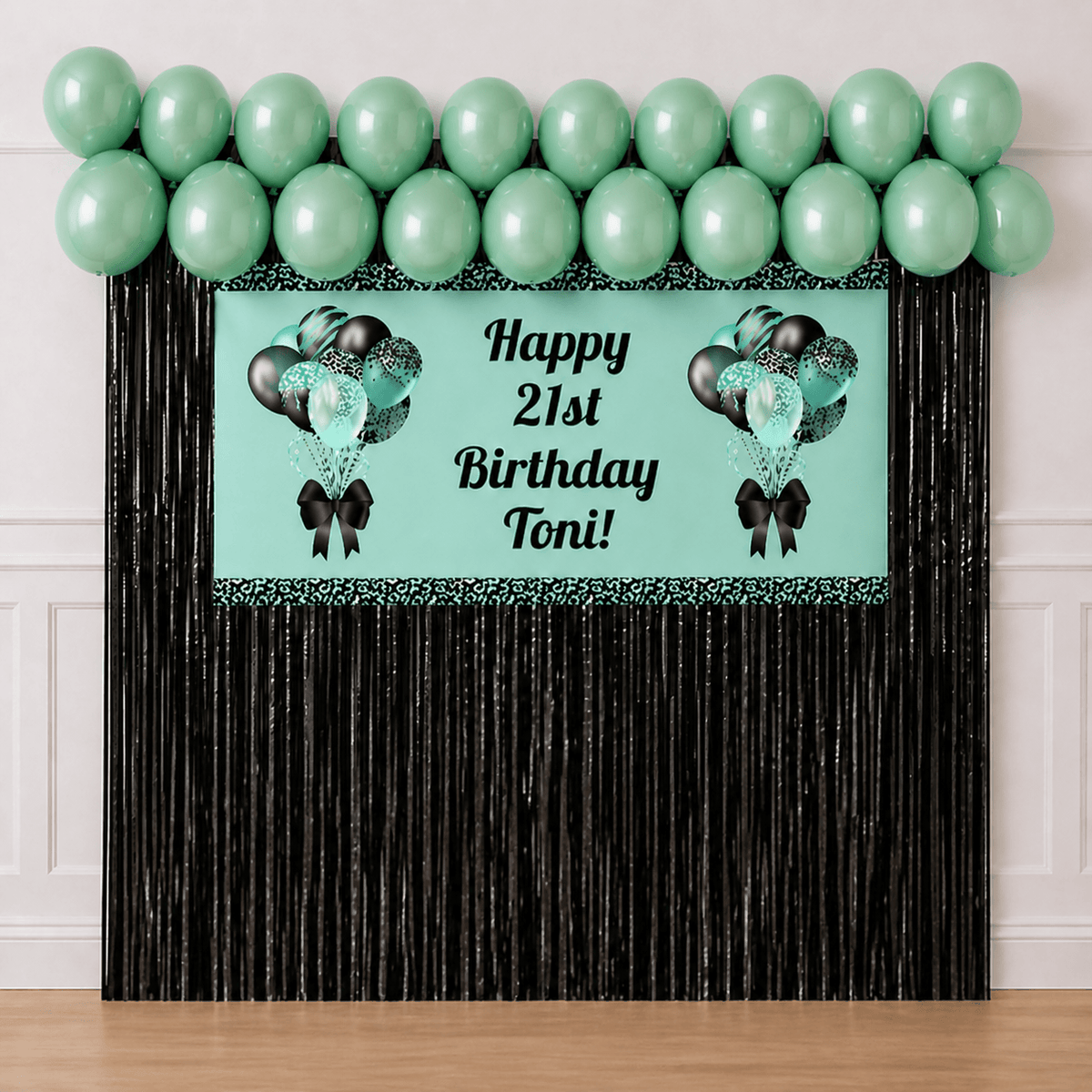 Aqua and black personalised birthday banner with black balloons and black foil fringe curtain backdrop package