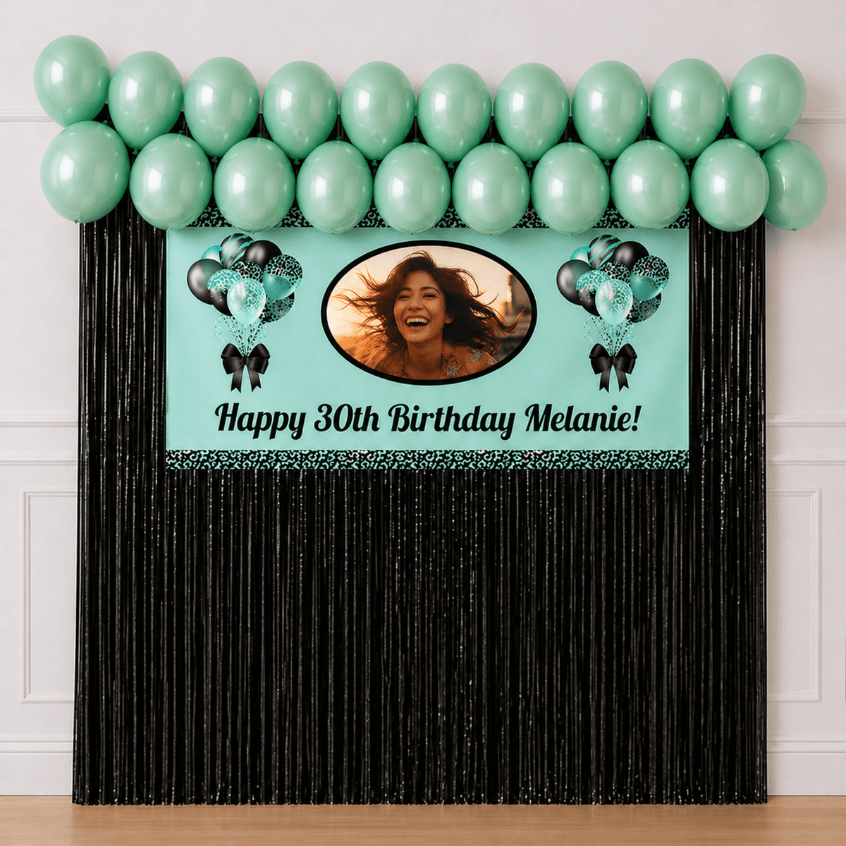 Aqua and black personalised birthday banner with photo, black balloons and black foil fringe curtain backdrop package