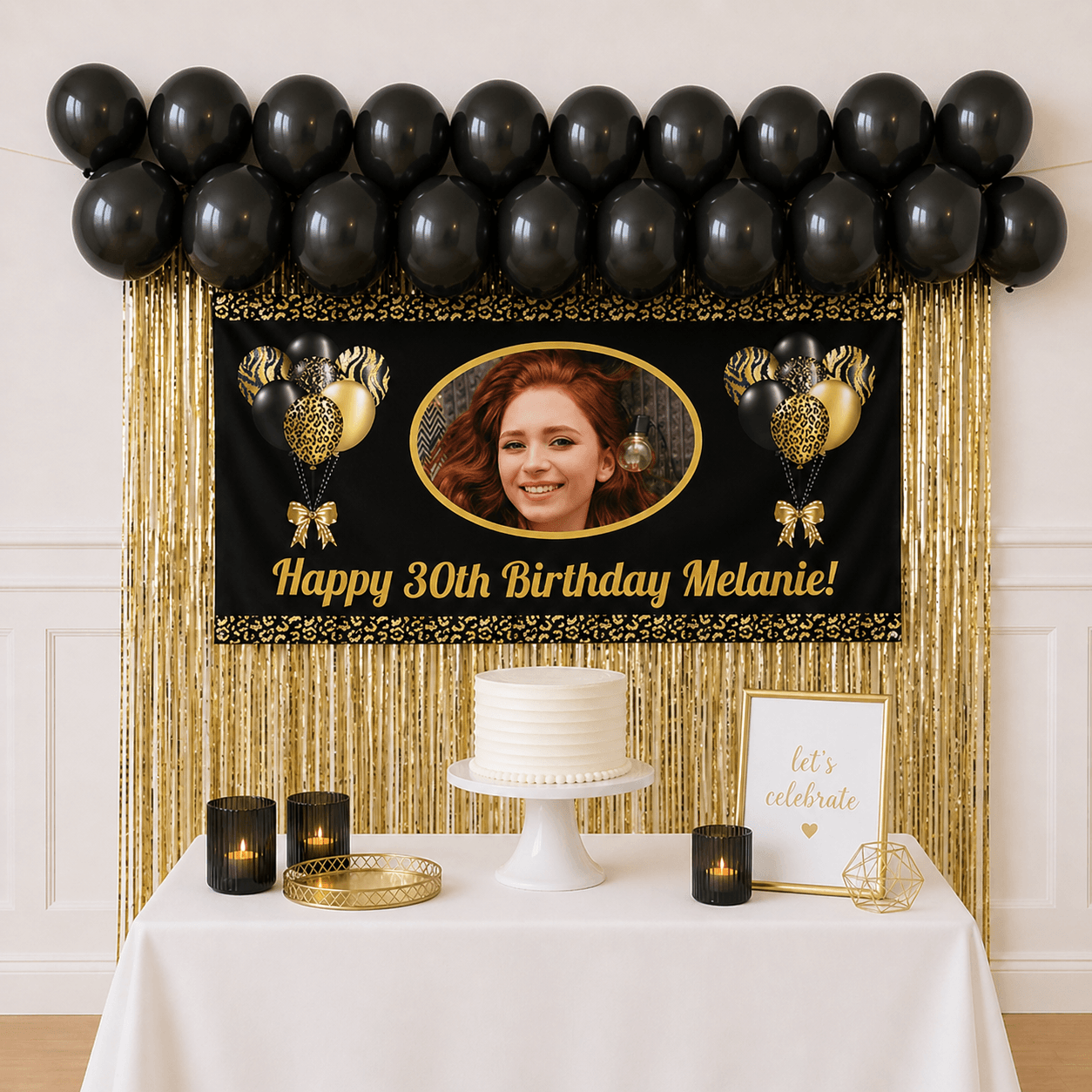 Black and gold celebration party package with photo banner, balloons and gold foil curtain backdrop