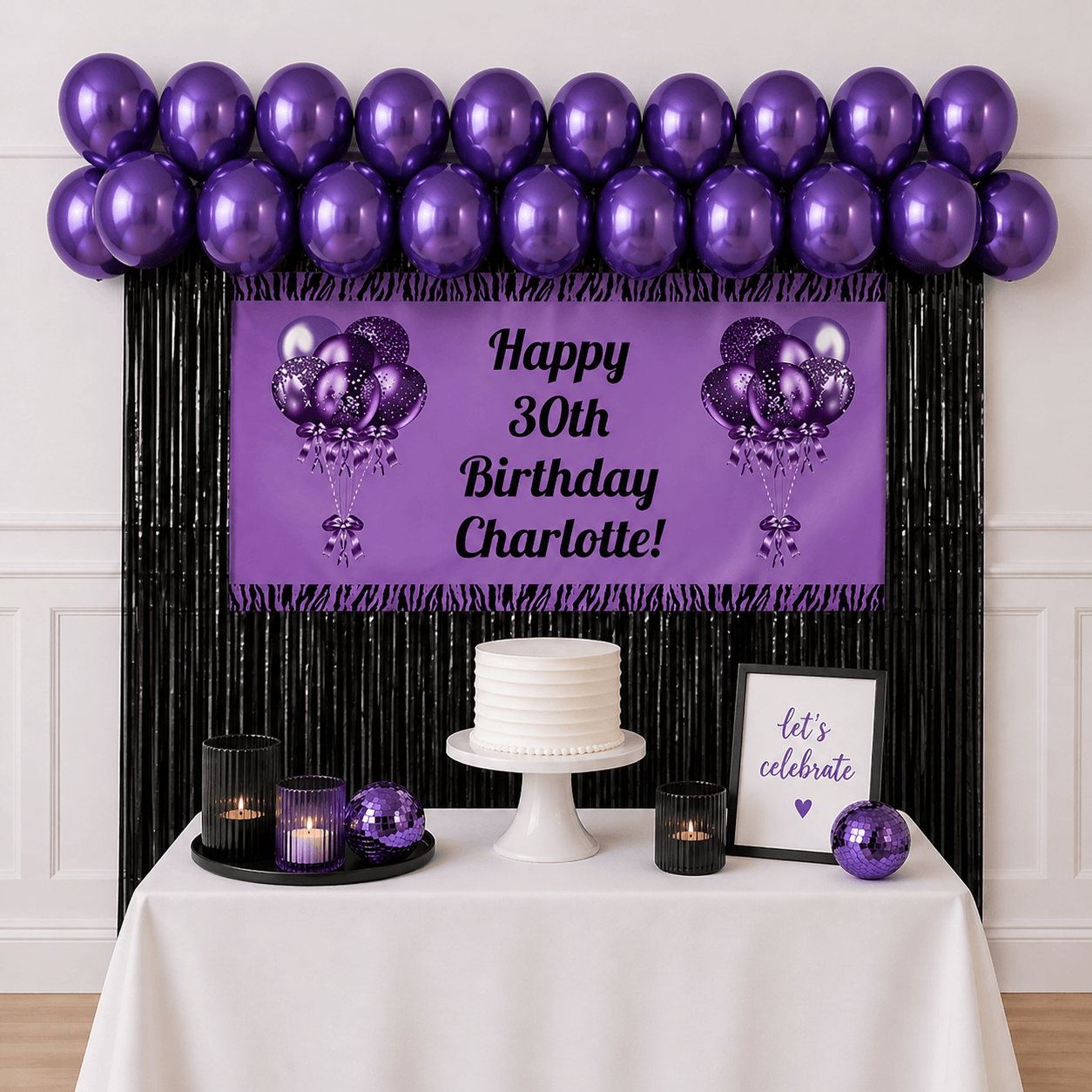 Purple and black personalised celebration party package with custom birthday banner, purple balloons and black foil fringe curtains