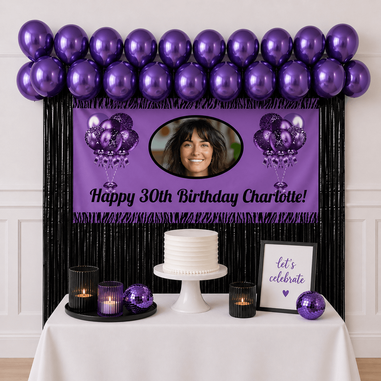Purple and black personalised celebration party package with photo banner, purple balloons and black foil fringe curtains