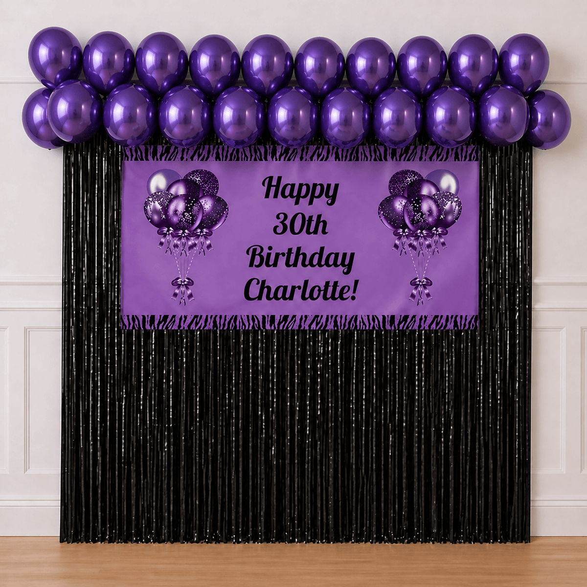 Purple and black personalised birthday banner with purple balloons and black foil fringe curtain backdrop package