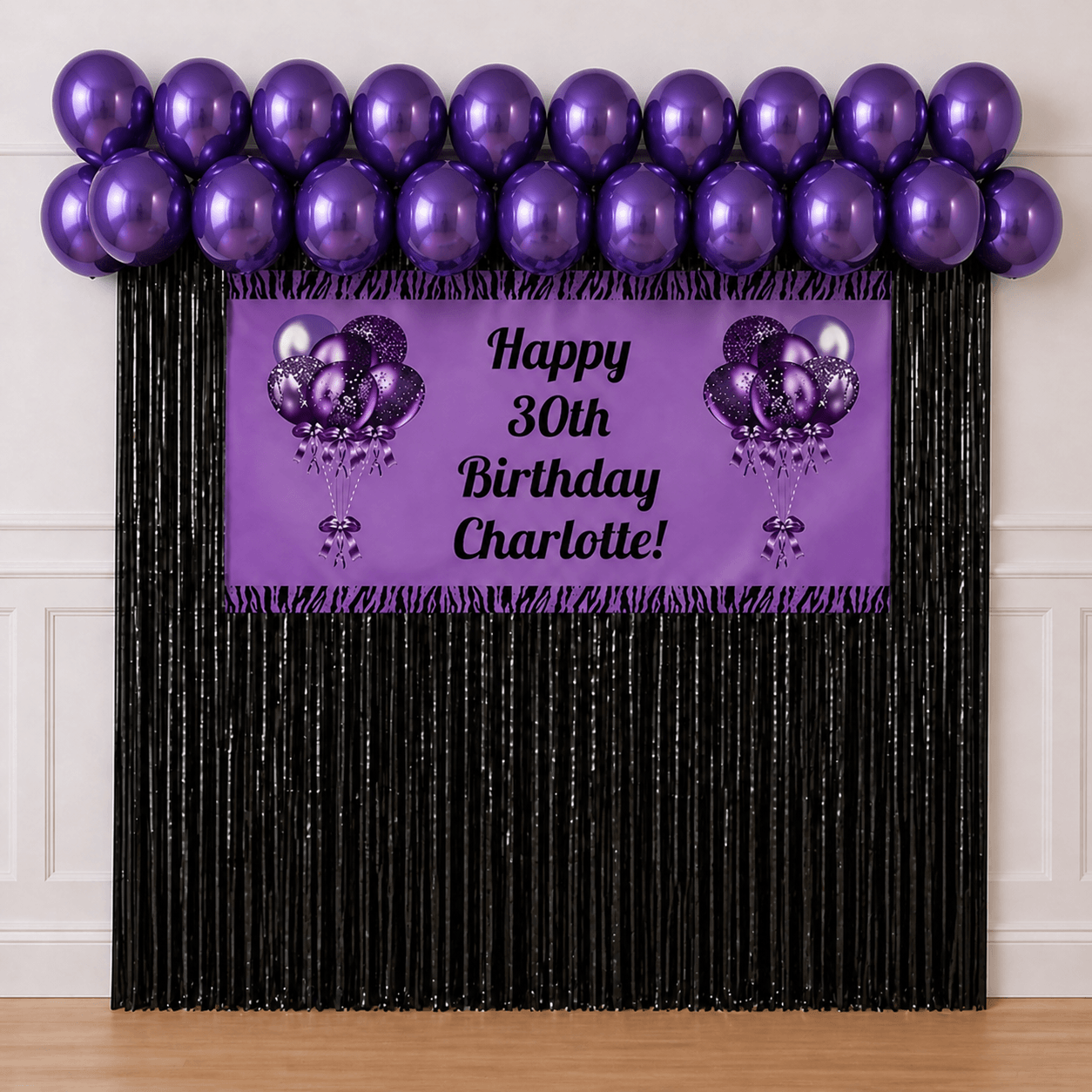 Purple and black personalised celebration party package with custom birthday banner, purple balloons and black foil fringe curtains