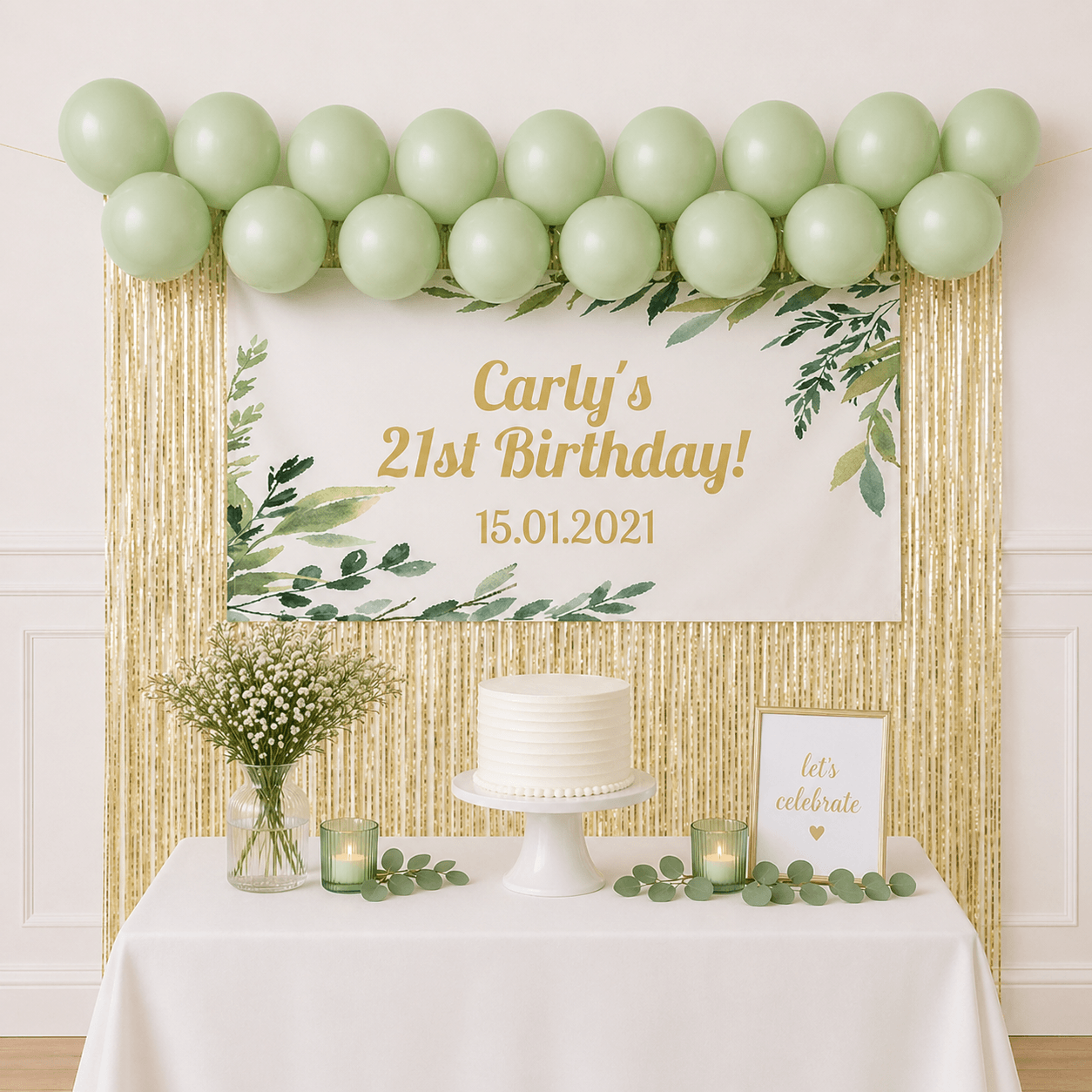 Wholesale eucalyptus celebration party package with personalised greenery banner, sage green balloons and gold foil fringe backdrop