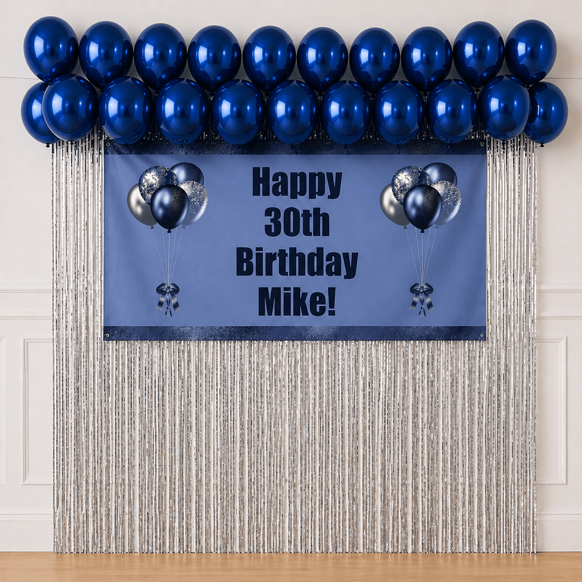 Navy blue celebration party package with personalised banner, sapphire blue balloons, silver foil fringe curtains and hanging accessories on white background