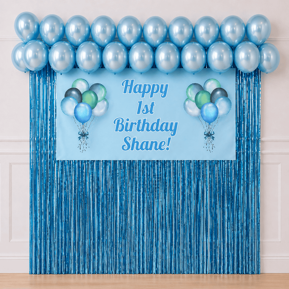 Pastel blue celebration party package with personalised banner, pearl blue balloons, blue foil fringe curtains and hanging accessories on white background