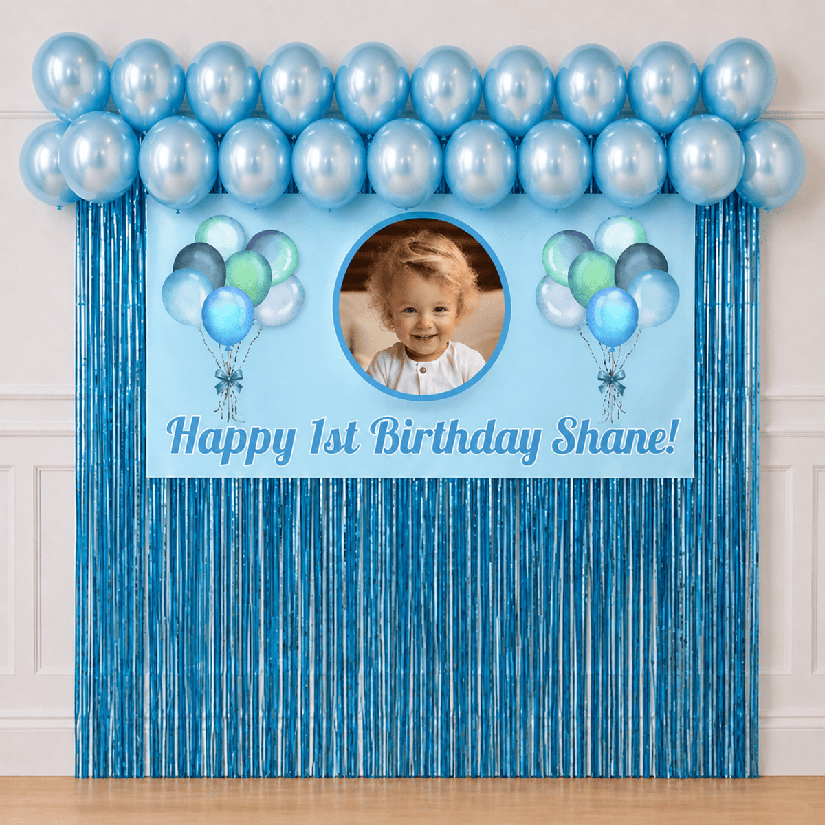 Pastel blue celebration party package with personalised photo banner, pearl blue balloons, blue foil fringe curtains and hanging accessories on white background