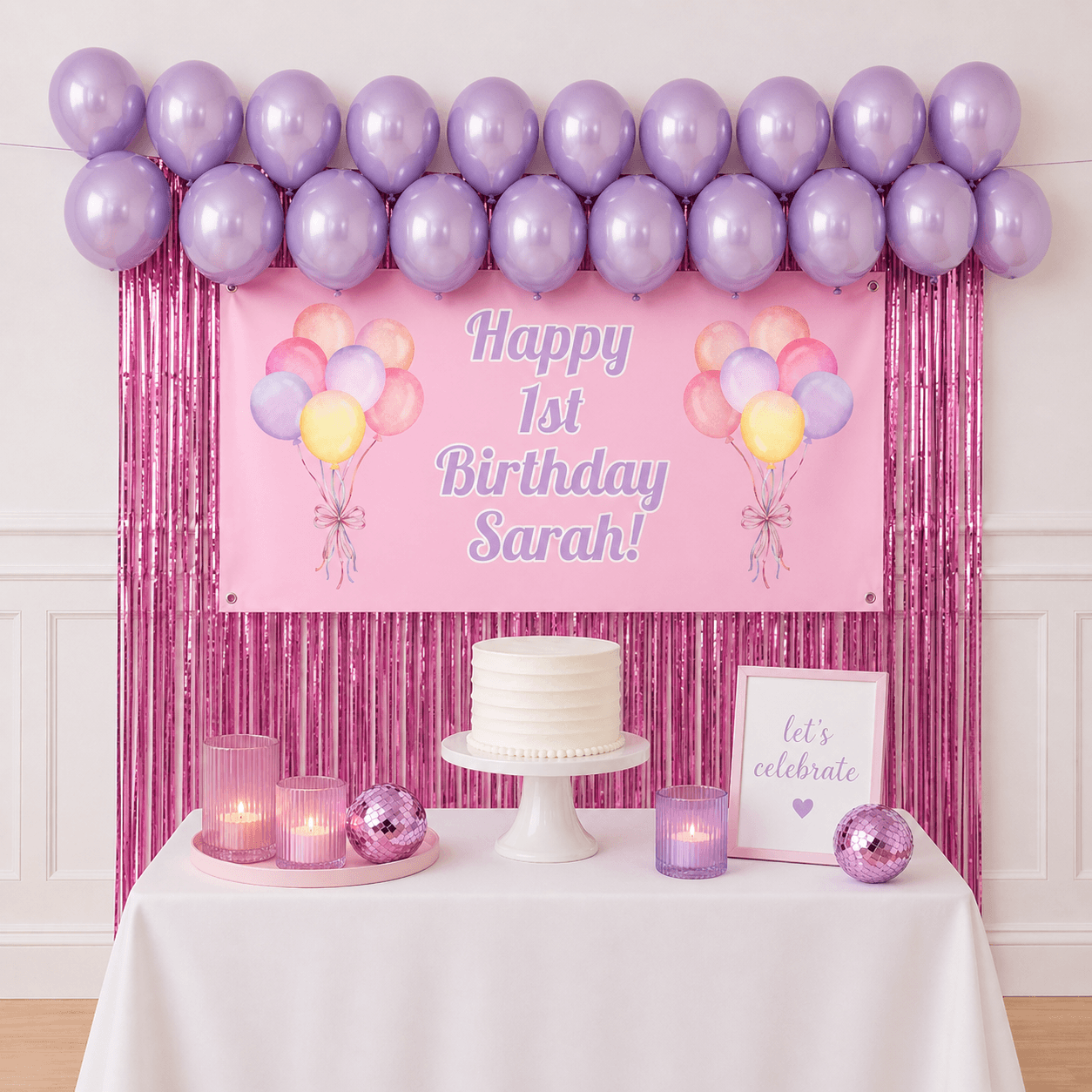 Wholesale pastel pink celebration party package with personalised banner, pink balloons and pink foil fringe backdrop