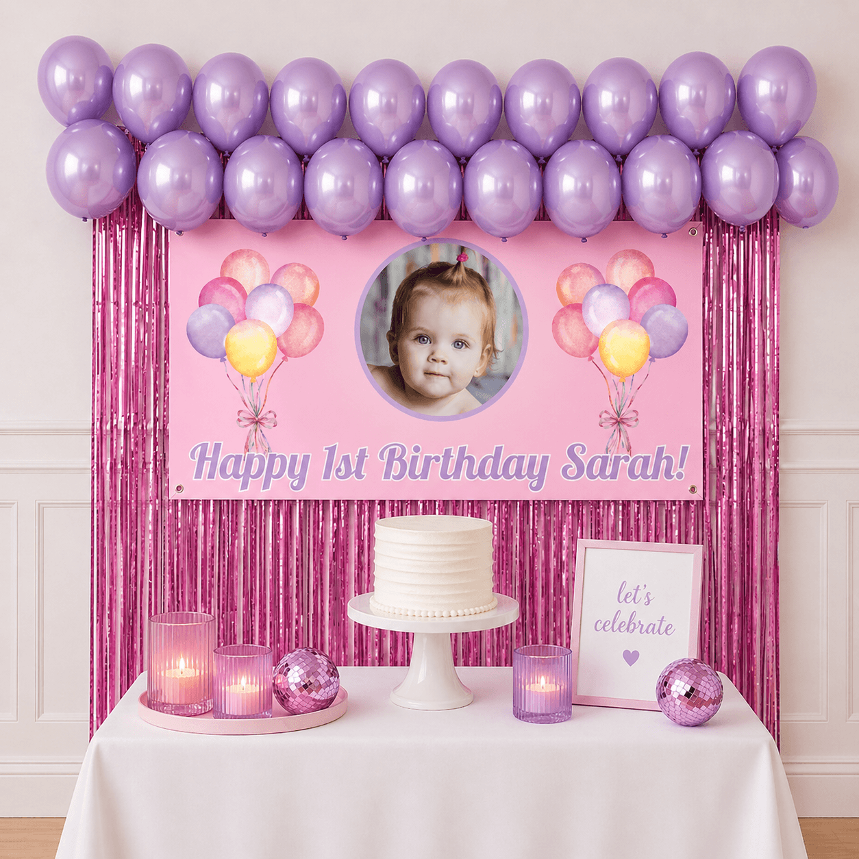 Wholesale pink celebration party package with personalised photo banner, pink balloons and pink foil fringe backdrop