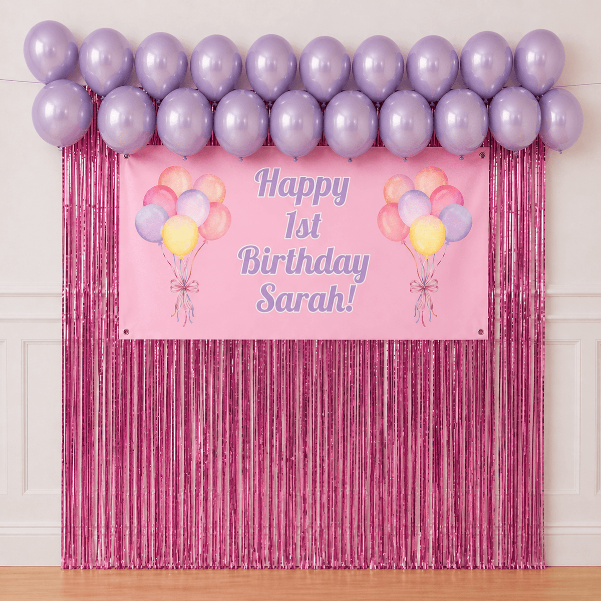 Personalised pastel pink celebration banner and pink balloon garland package for wholesale retailers