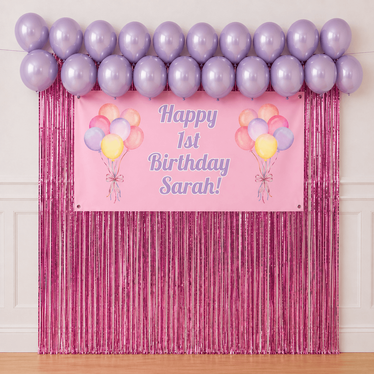 Wholesale pastel pink celebration party package with personalised banner, pink balloons and pink foil fringe backdrop