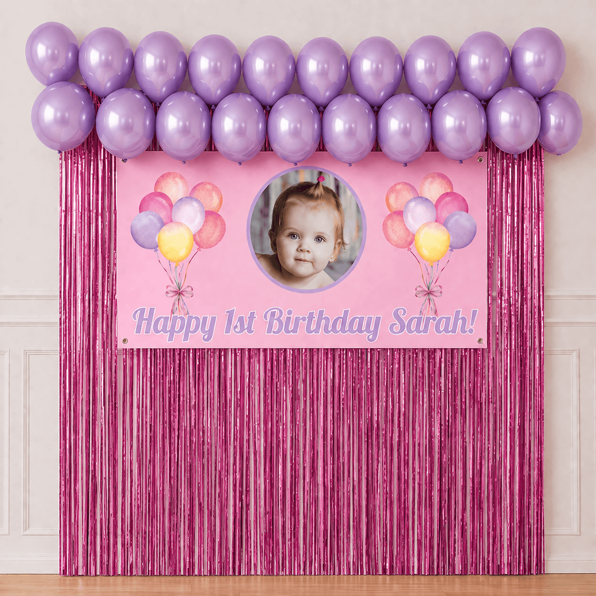 Personalised pink celebration banner with photo and pink balloon garland package for wholesale retailers