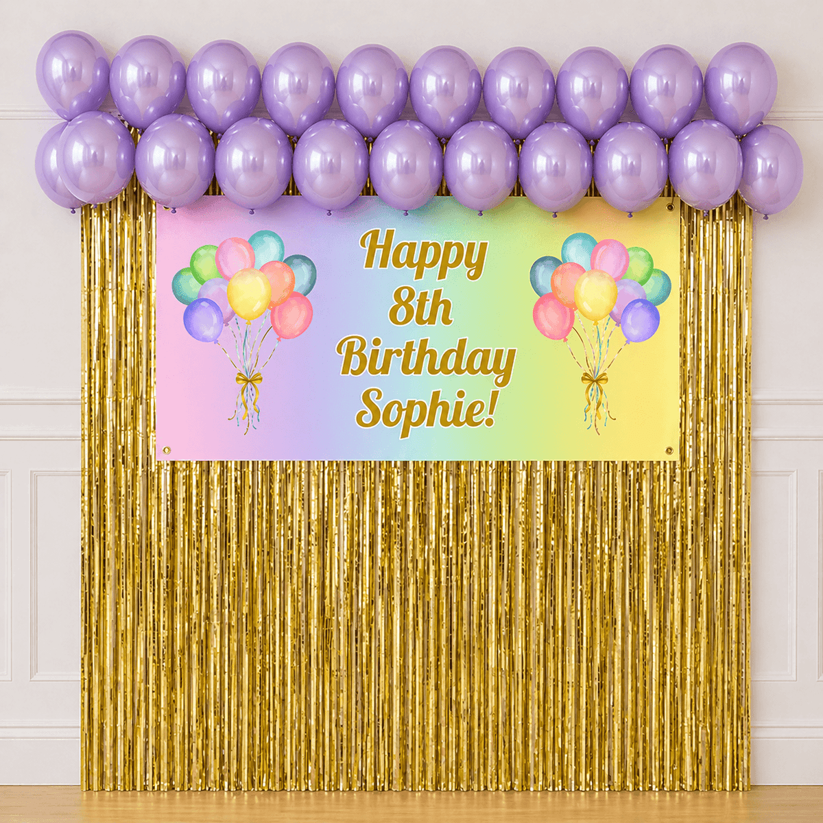 Pastel rainbow celebration party package with personalised banner, pastel purple balloons, gold foil fringe curtains and hanging accessories on white background