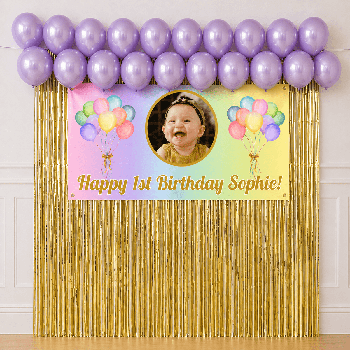 Pastel rainbow celebration party package with personalised photo banner, pastel purple balloons, gold foil fringe curtains and hanging accessories on white background