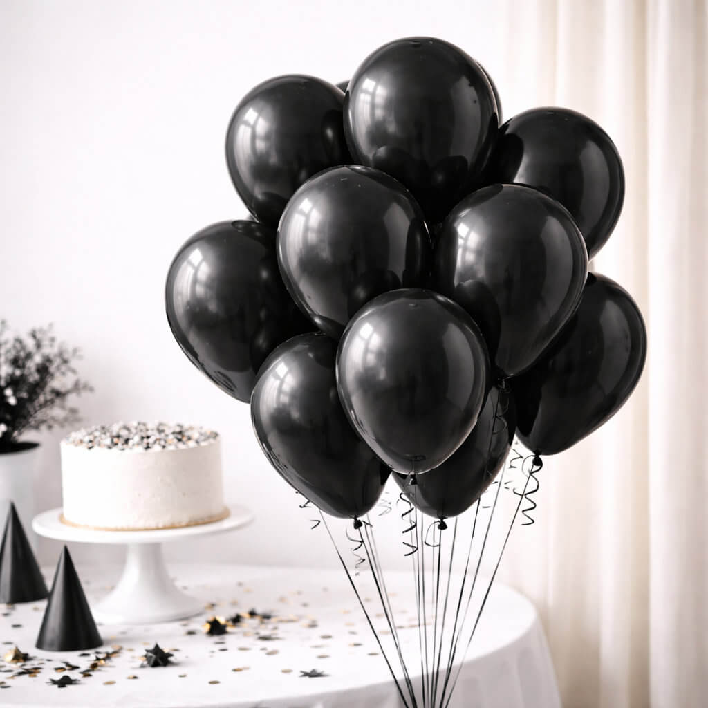 30cm metallic black latex party balloons styled in modern celebration setup with cake and decorations
