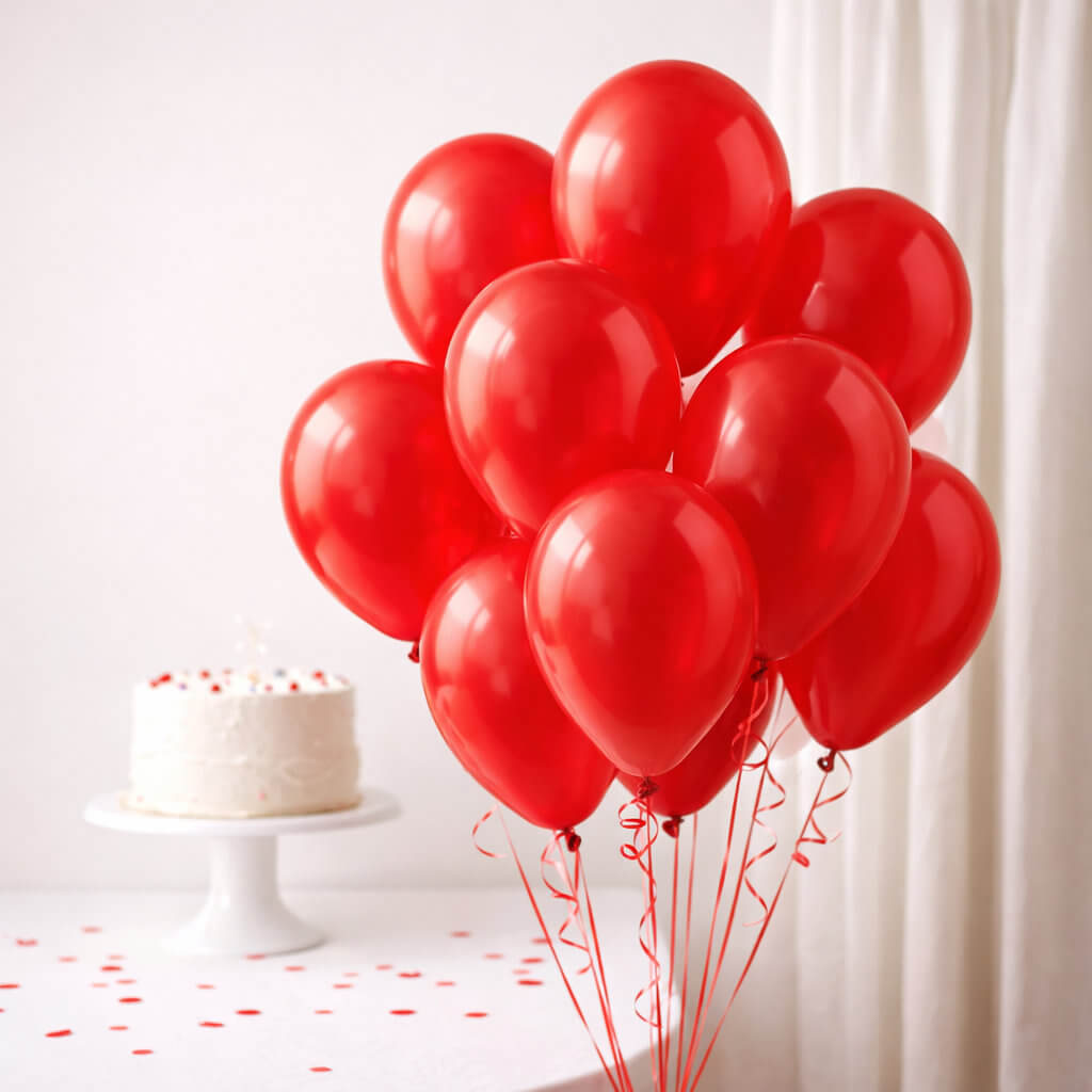 30cm bright red latex party balloons styled in modern celebration setup with cake and decorations