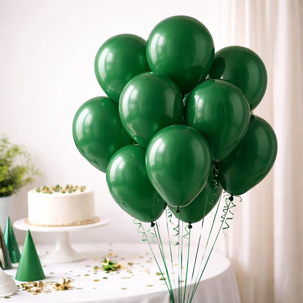 30cm green latex party balloons styled in modern celebration setup with cake and decorations