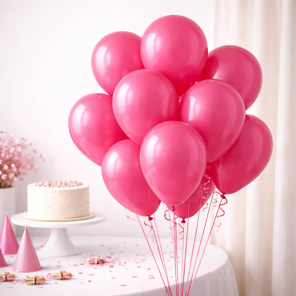 30cm pastel metallic pink party balloons styled in modern celebration setup with cake and decorations