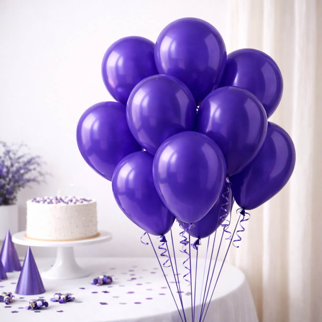 30cm metallic purple latex party balloons styled in modern celebration setup with cake and decorations