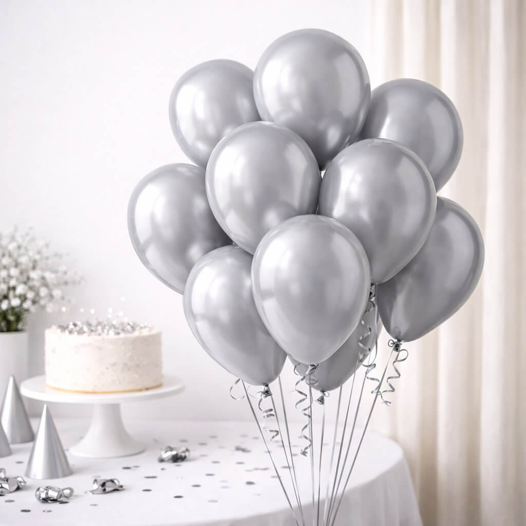 30cm metallic silver latex party balloons styled in modern celebration setup with cake and decorations