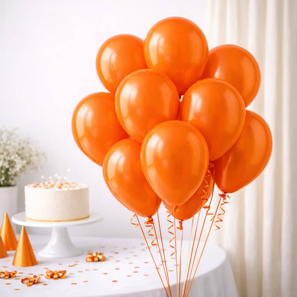 30cm orange latex party balloons styled in modern celebration setup with cake and decorations