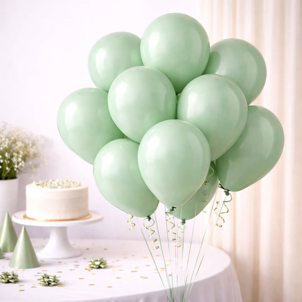 30cm pastel tiffany green latex party balloons styled in modern celebration setup with cake and decorations