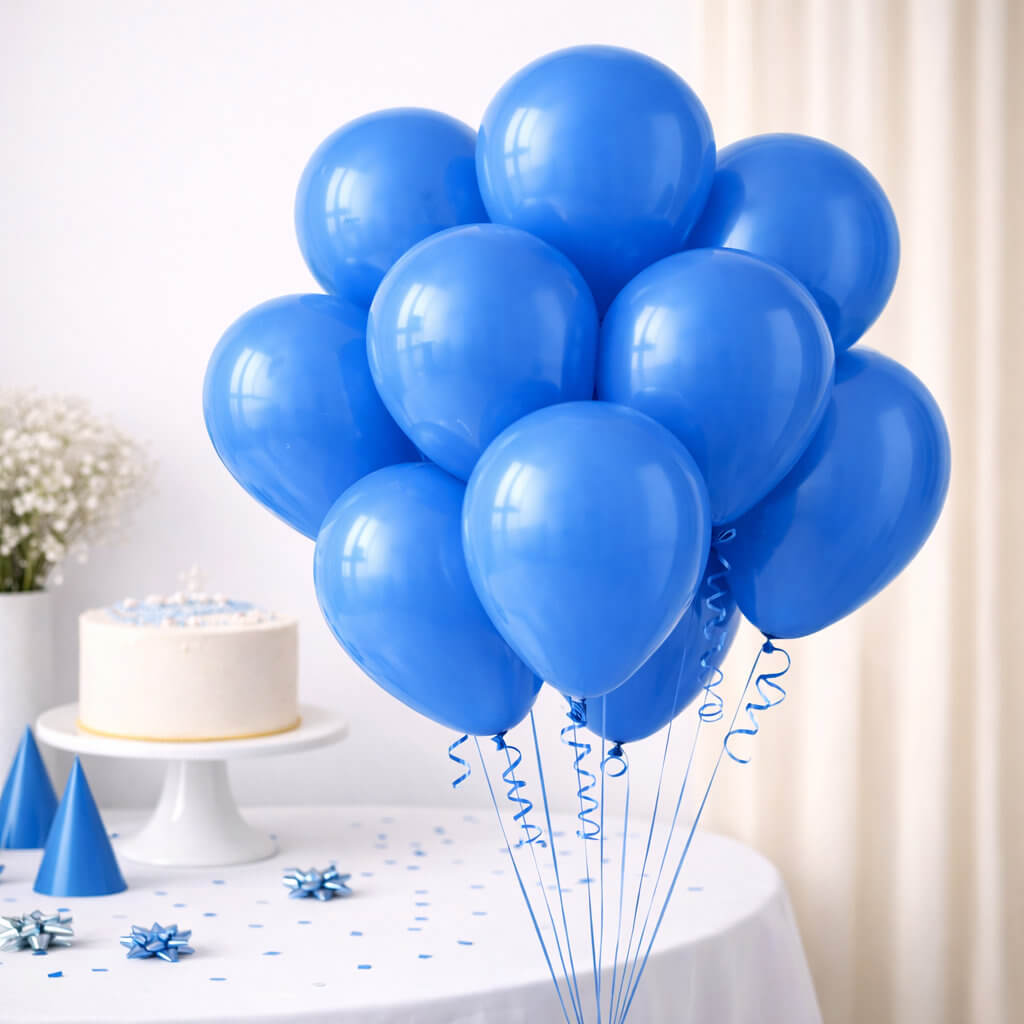 30cm sky blue latex party balloons styled in modern celebration setup with cake and decorations