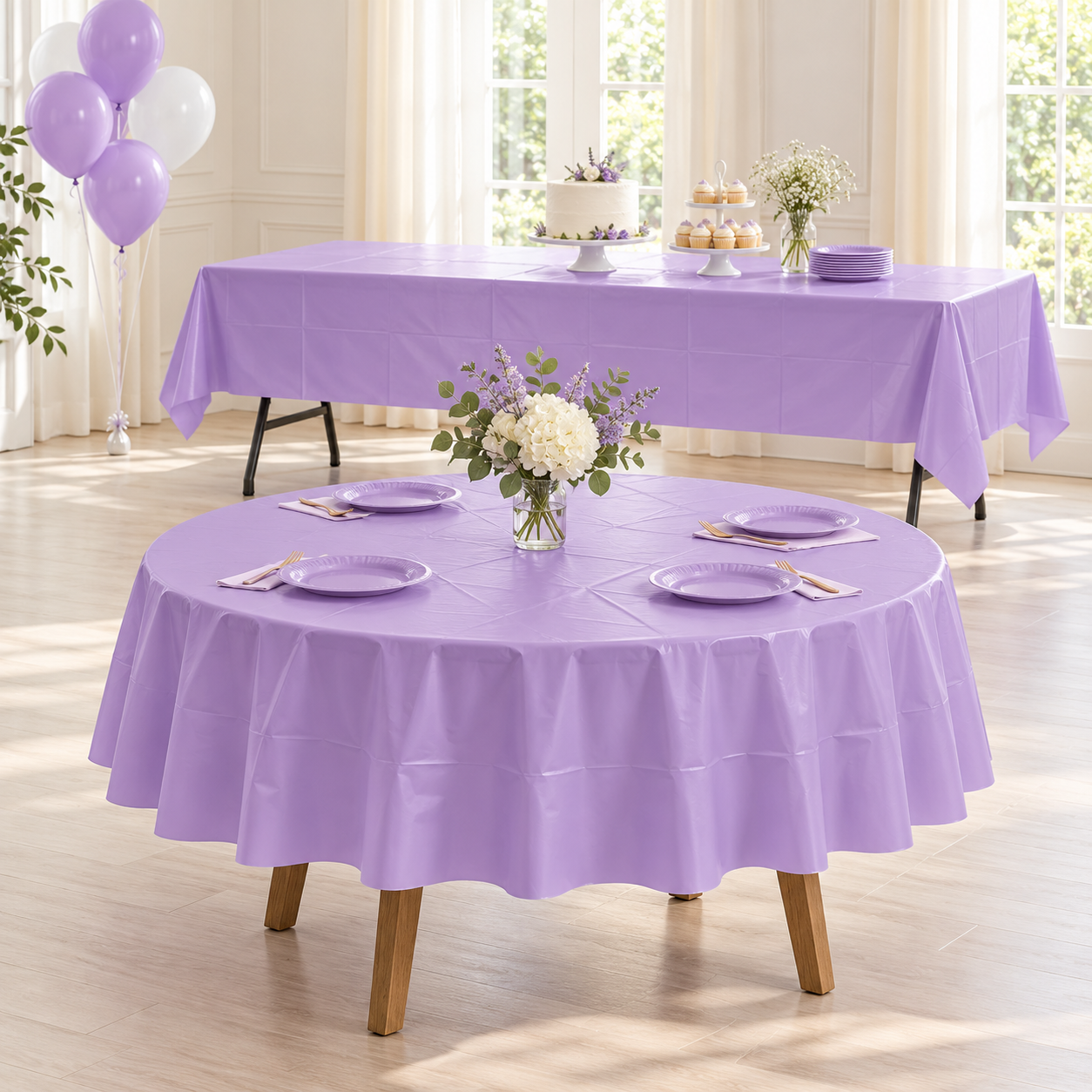 Illustration of a folded Lavender plastic table cover