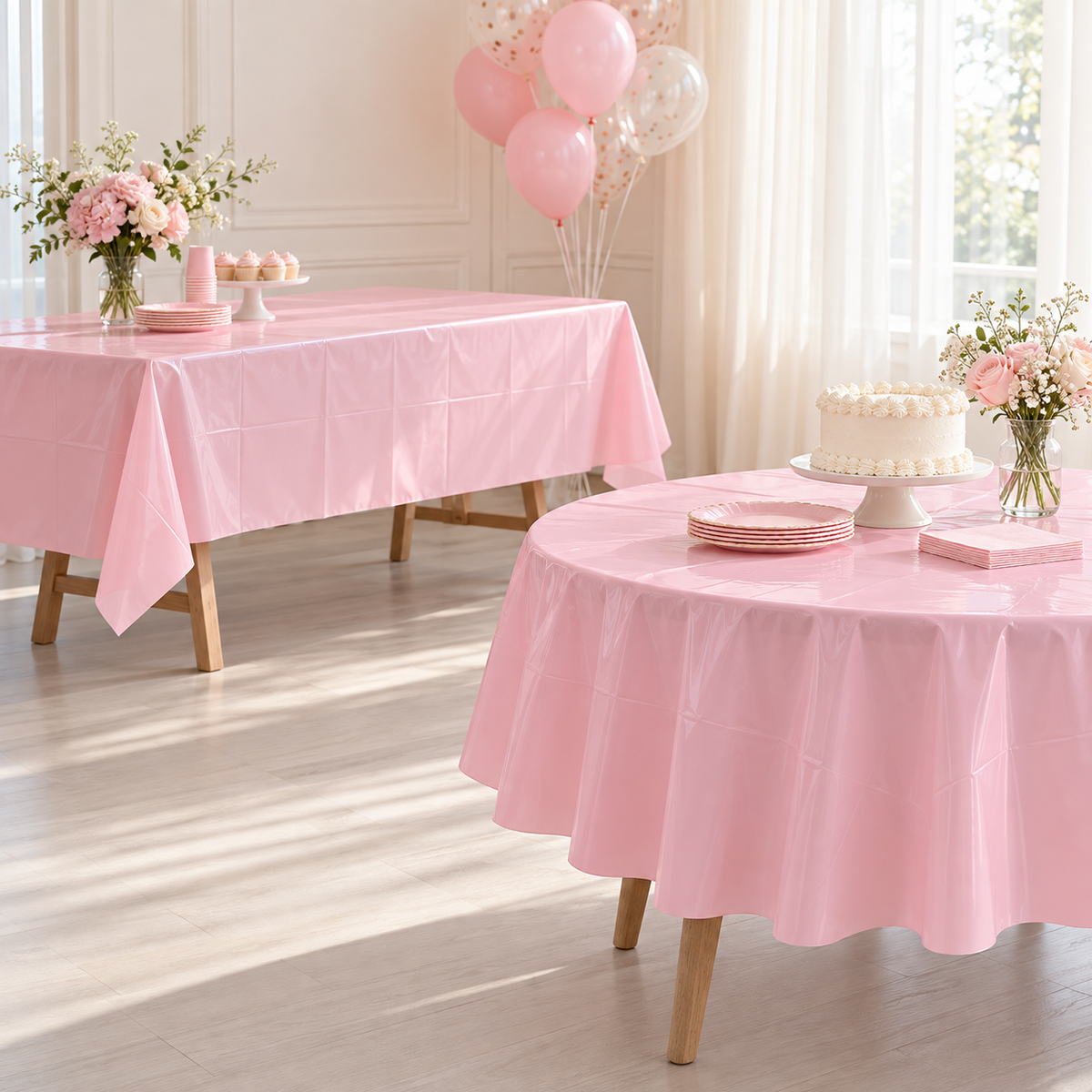 Lovely Pink party table styling illustration; one round cover supplied, props excluded