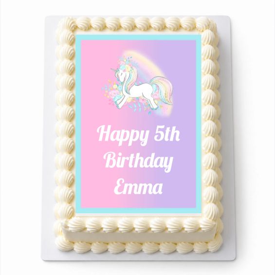 Personalised Magical Unicorn A4 icing sheet fitted on a rectangular cake