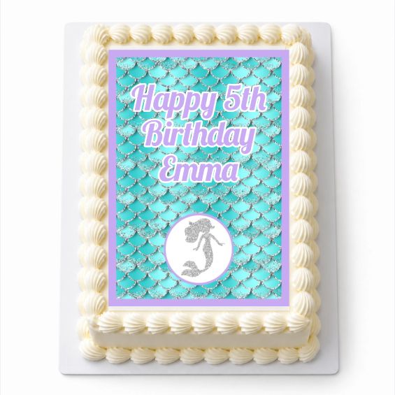 Personalised Mermaid Scales A4 icing sheet fitted on a rectangular cake