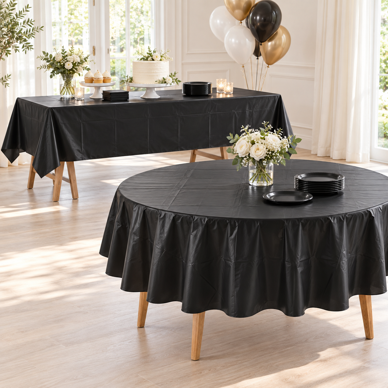 Illustration of a folded Midnight Black plastic table cover