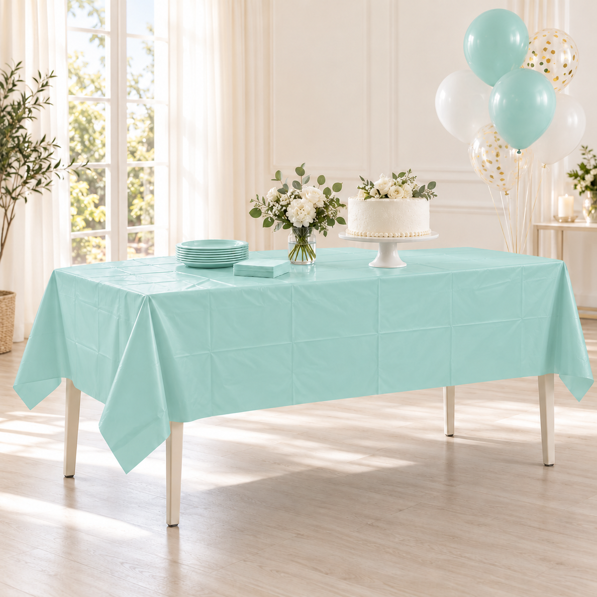 Mint party table styling illustration; one rectangular cover supplied, props excluded