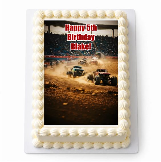 Monster Trucks A4 icing sheet fitted to a white cake with Happy 5th Birthday Blake wording