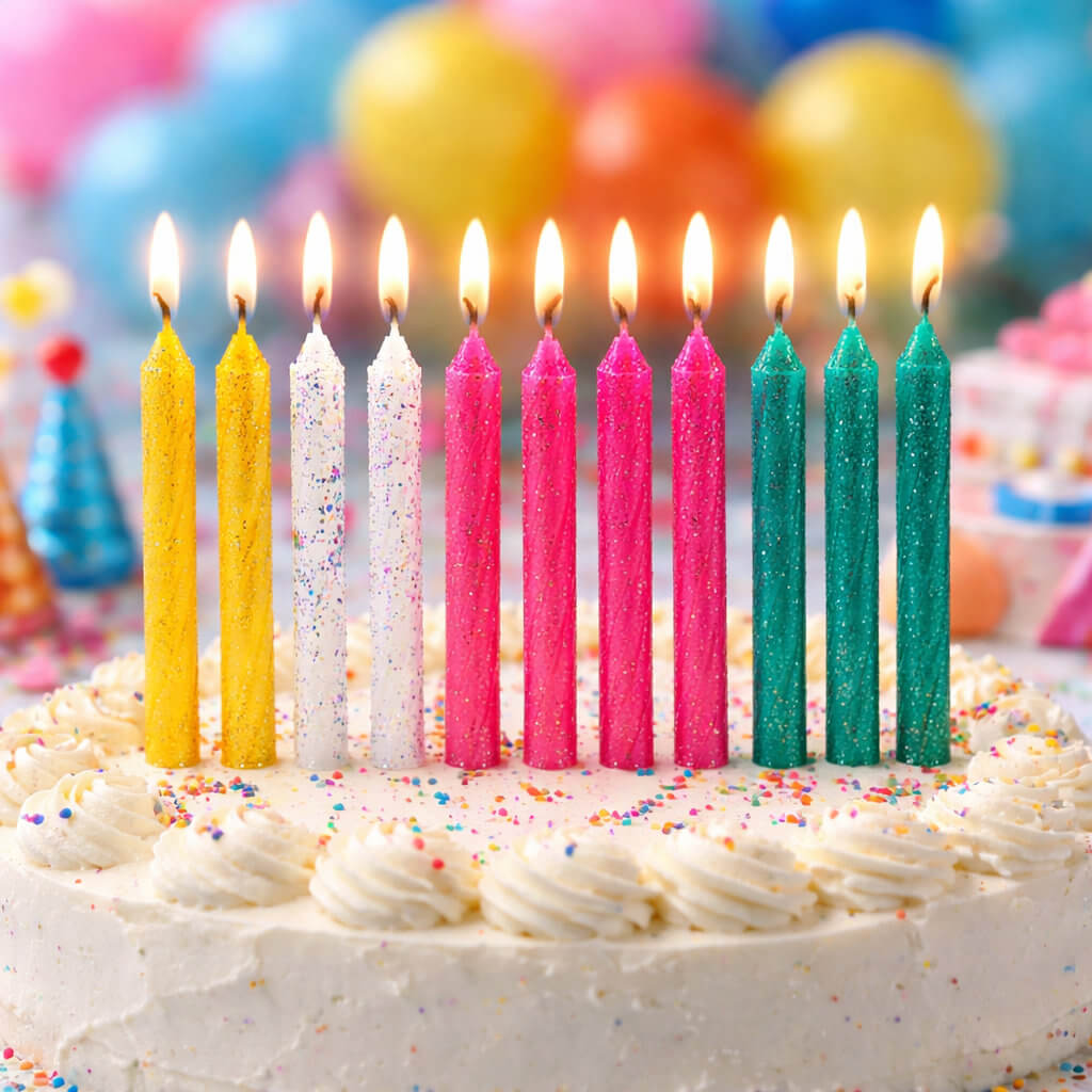 Multi coloured glitter birthday candles pack of 12 on retail packaging